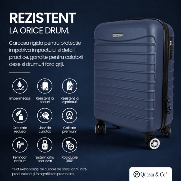 Troler cabina avion Quasar & Co.®, 55x38x21cm, bagaj de mana, troller cu fermoar antifurt, cifru, maner telescopic lung, geamantan cu 4 roti duble silentioase 360°, valiza ABS 2.8 mm, rezistent, 2 compartimente cu buzunar, 10kg, LINE, bleumarin - imagine 6
