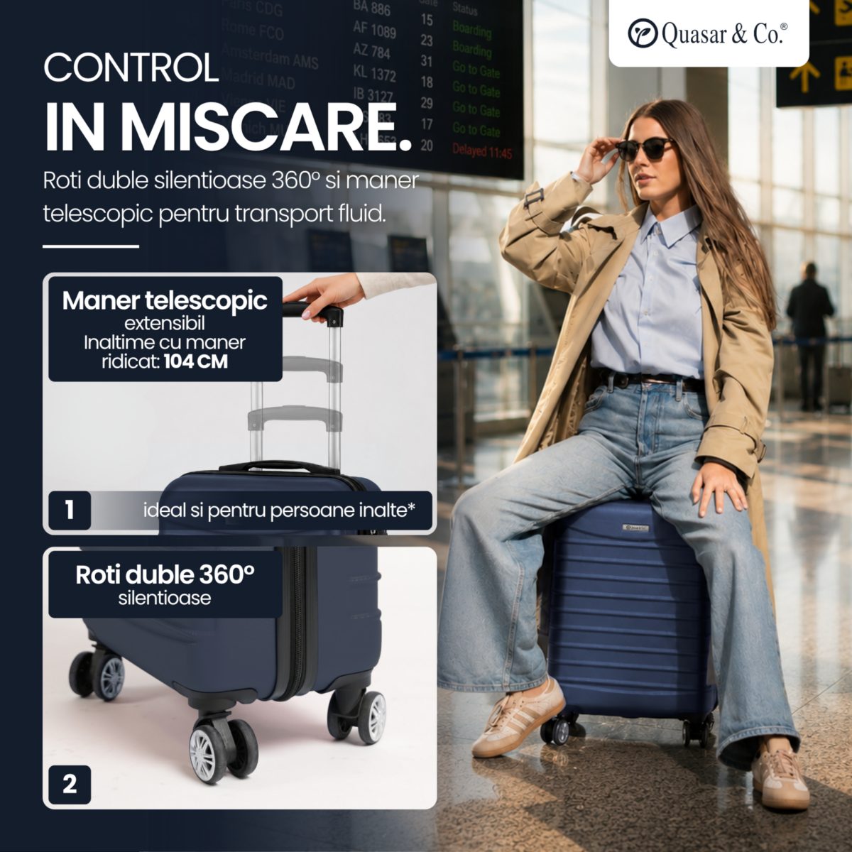 Troler cabina avion Quasar & Co.®, 55x38x21cm, bagaj de mana, troller cu fermoar antifurt, cifru, maner telescopic lung, geamantan cu 4 roti duble silentioase 360°, valiza ABS 2.8 mm, rezistent, 2 compartimente cu buzunar, 10kg, LINE, bleumarin 9