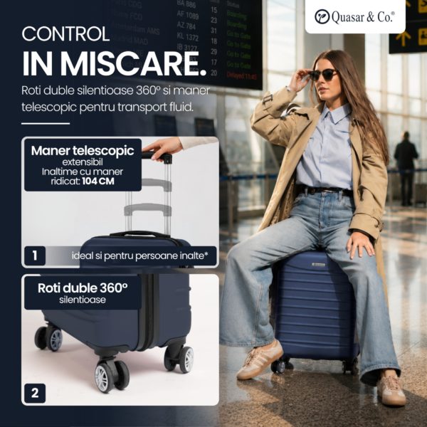 Troler cabina avion Quasar & Co.®, 55x38x21cm, bagaj de mana, troller cu fermoar antifurt, cifru, maner telescopic lung, geamantan cu 4 roti duble silentioase 360°, valiza ABS 2.8 mm, rezistent, 2 compartimente cu buzunar, 10kg, LINE, bleumarin - imagine 9