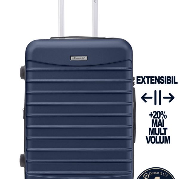 Troler mediu extensibil Quasar & Co.®, 66x45x28-33cm, bagaj de cala, troller avion cu fermoar antifurt, cifru, maner telescopic, geamantan cu 4 roti duble silentioase 360°, valiza ABS 2.8 mm, 2 compartimente cu buzunar, LINE, Bleumarin 2 Troler mediu extensibil Quasar & Co.®, 66x45x28-33cm, bagaj de cala, troller avion cu fermoar antifurt, cifru, maner telescopic, geamantan cu 4 roti duble silentioase 360°, valiza ABS 2.8 mm, 2 compartimente cu buzunar, LINE, Bleumarin
