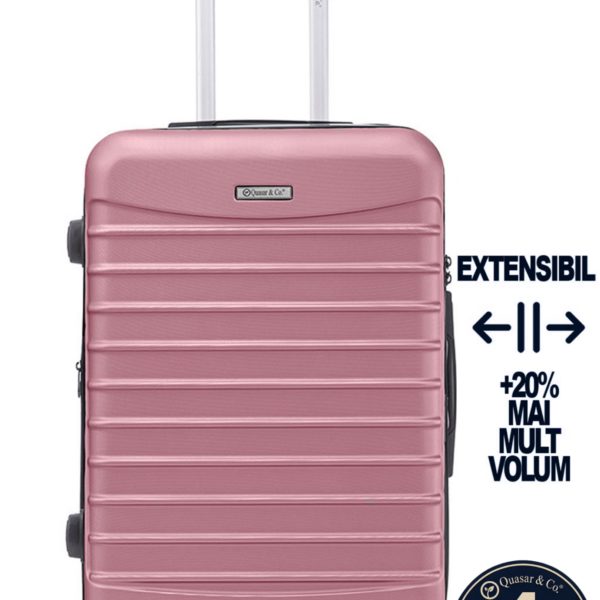 Troler mediu extensibil Quasar & Co.®, 66x45x28-33cm, bagaj de cala, troller avion cu fermoar antifurt, cifru, maner telescopic, geamantan cu 4 roti duble silentioase 360°, valiza ABS 2.8 mm, 2 compartimente cu buzunar, LINE, Roz pudrat 2 Troler mediu extensibil Quasar & Co.®, 66x45x28-33cm, bagaj de cala, troller avion cu fermoar antifurt, cifru, maner telescopic, geamantan cu 4 roti duble silentioase 360°, valiza ABS 2.8 mm, 2 compartimente cu buzunar, LINE, Roz pudrat