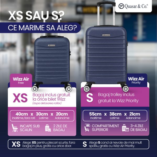 Troler cabina avion Quasar & Co.®, 40x30x20cm, bagaj de mana, troller cu fermoar sigur, cifru, maner telescopic lung, geamantan cu 4 roti duble, detasabile, 360°, valiza ABS 2.8 mm, rezistent, 2 compartimente cu buzunar, 10kg, LINE, bleumarin - imagine 10