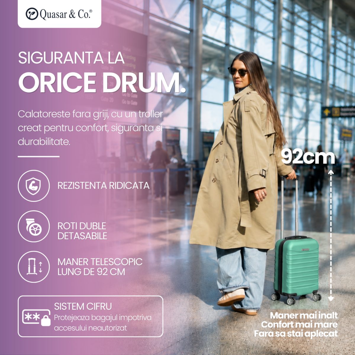 Troler cabina avion Quasar & Co.®, 40x30x20cm, bagaj de mana, troller cu fermoar sigur, cifru, maner telescopic lung, geamantan cu 4 roti duble, detasabile, 360°, valiza ABS 2.8 mm, rezistent, 2 compartimente cu buzunar, 10kg, LINE, turcoaz 11 Troler cabina avion Quasar & Co.®, 40x30x20cm, bagaj de mana, troller cu fermoar sigur, cifru, maner telescopic lung, geamantan cu 4 roti duble, detasabile, 360°, valiza ABS 2.8 mm, rezistent, 2 compartimente cu buzunar, 10kg, LINE, turcoaz 11
