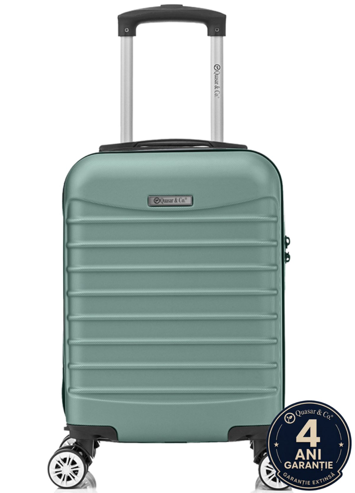 2 Troler cabina avion Quasar & Co.®, 40x30x20cm, bagaj de mana, troller cu fermoar sigur, cifru, maner telescopic lung, geamantan cu 4 roti duble, detasabile, 360°, valiza ABS 2.8 mm, rezistent, 2 compartimente cu buzunar, 10kg, LINE, turcoaz