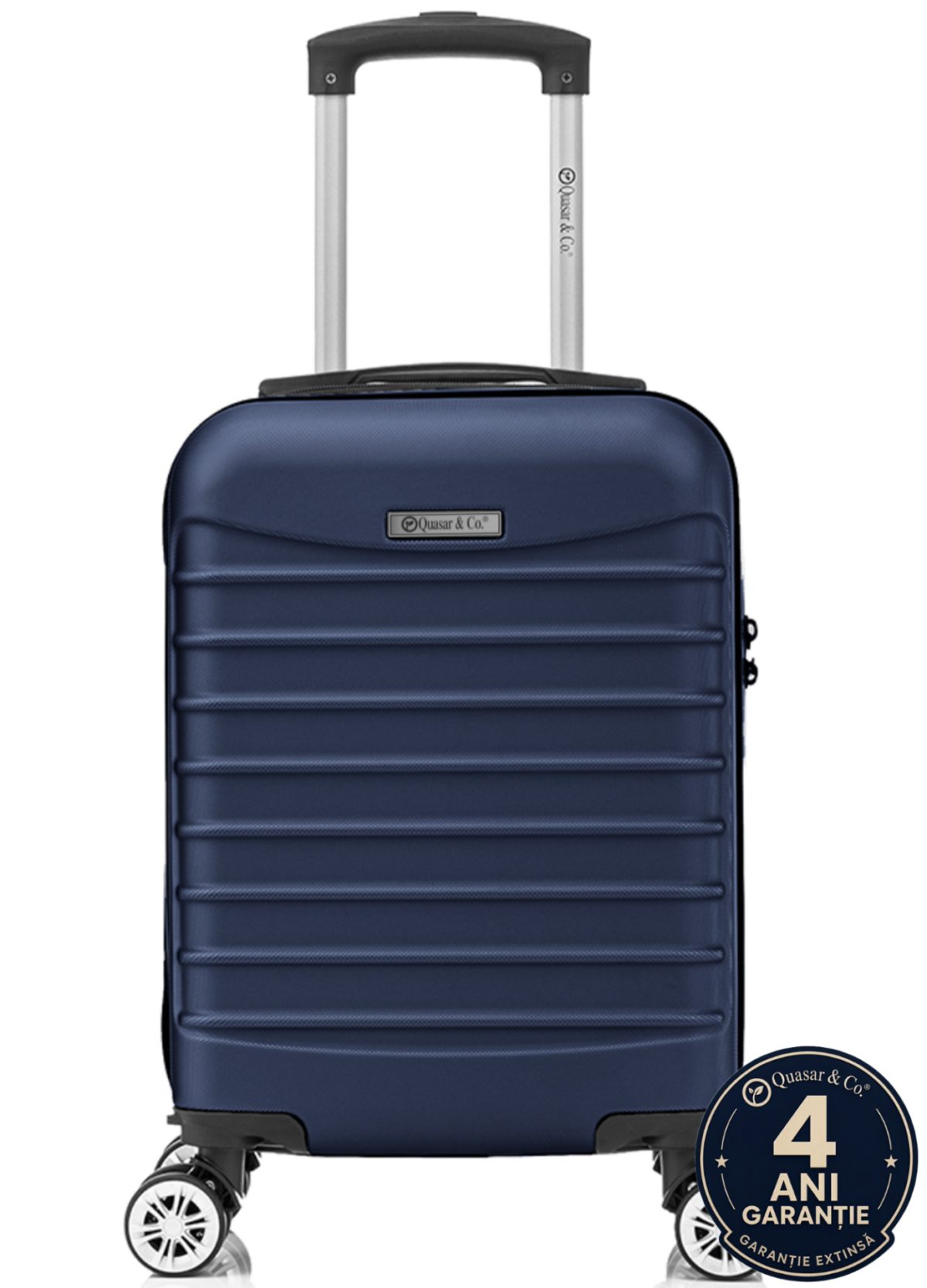 4 Troler cabina avion Quasar & Co.®, 40x30x20cm, bagaj de mana, troller cu fermoar sigur, cifru, maner telescopic lung, geamantan cu 4 roti duble, detasabile, 360°, valiza ABS 2.8 mm, rezistent, 2 compartimente cu buzunar, 10kg, LINE, bleumarin