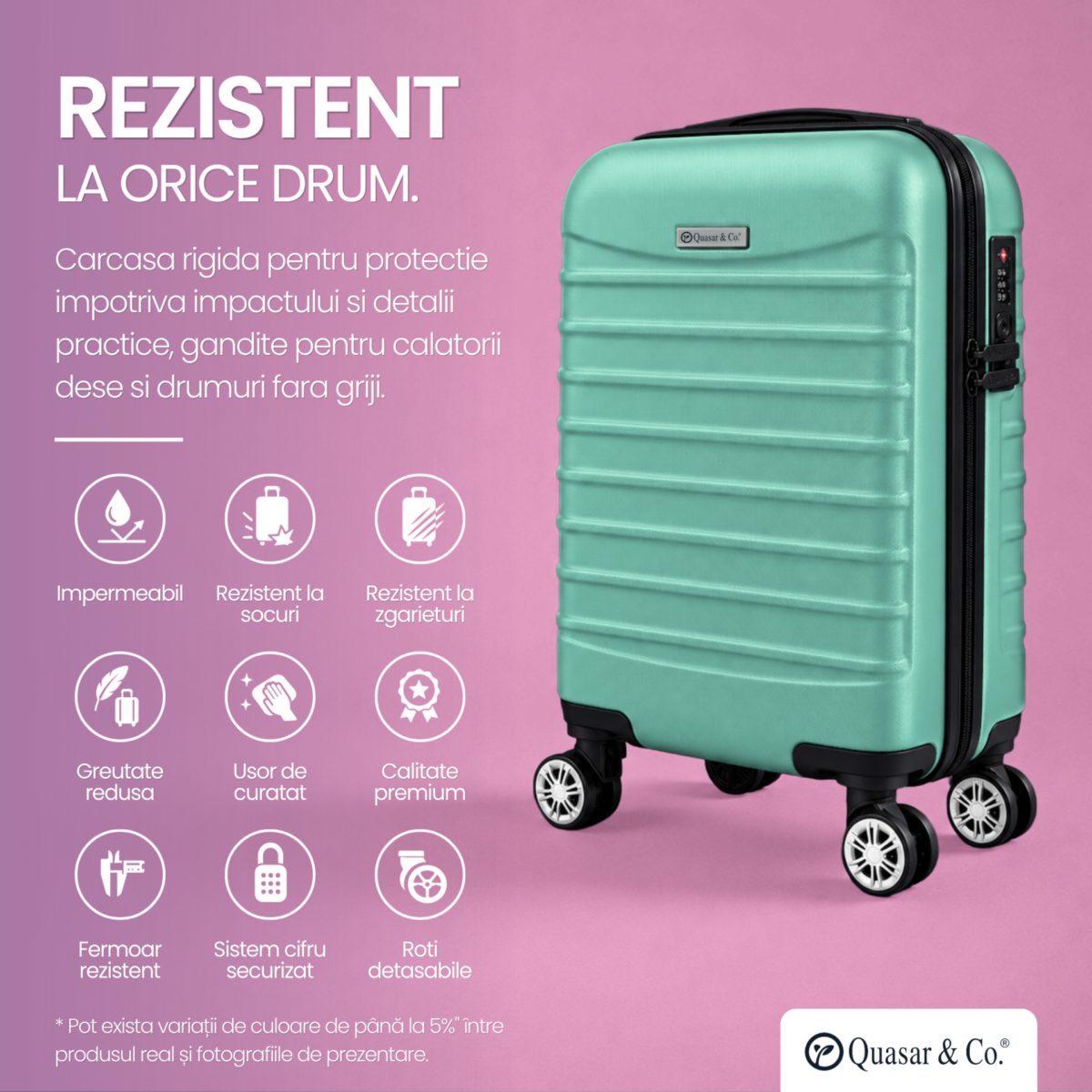Troler cabina avion Quasar & Co.®, 40x30x20cm, bagaj de mana, troller cu fermoar sigur, cifru, maner telescopic lung, geamantan cu 4 roti duble, detasabile, 360°, valiza ABS 2.8 mm, rezistent, 2 compartimente cu buzunar, 10kg, LINE, turcoaz 7 Troler cabina avion Quasar & Co.®, 40x30x20cm, bagaj de mana, troller cu fermoar sigur, cifru, maner telescopic lung, geamantan cu 4 roti duble, detasabile, 360°, valiza ABS 2.8 mm, rezistent, 2 compartimente cu buzunar, 10kg, LINE, turcoaz 7