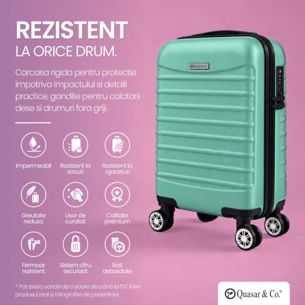Troler cabina avion Quasar & Co.®, 40x30x20cm, bagaj de mana, troller cu fermoar sigur, cifru, maner telescopic lung, geamantan cu 4 roti duble, detasabile, 360°, valiza ABS 2.8 mm, rezistent, 2 compartimente cu buzunar, 10kg, LINE, turcoaz - imagine 7