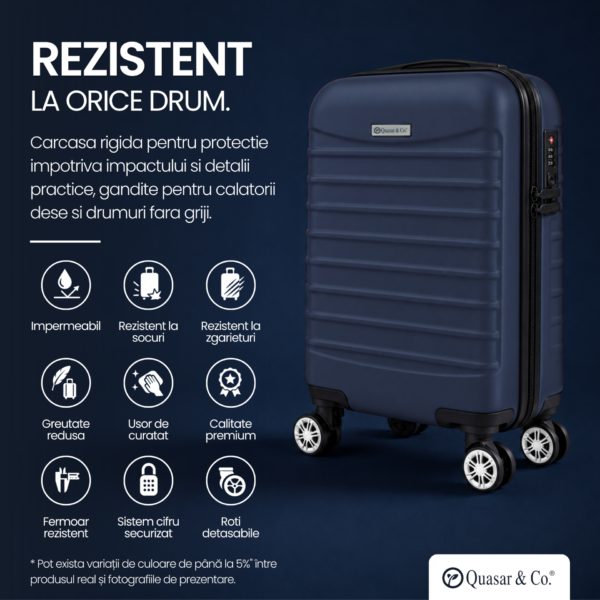 Troler cabina avion Quasar & Co.®, 40x30x20cm, bagaj de mana, troller cu fermoar sigur, cifru, maner telescopic lung, geamantan cu 4 roti duble, detasabile, 360°, valiza ABS 2.8 mm, rezistent, 2 compartimente cu buzunar, 10kg, LINE, bleumarin - imagine 7