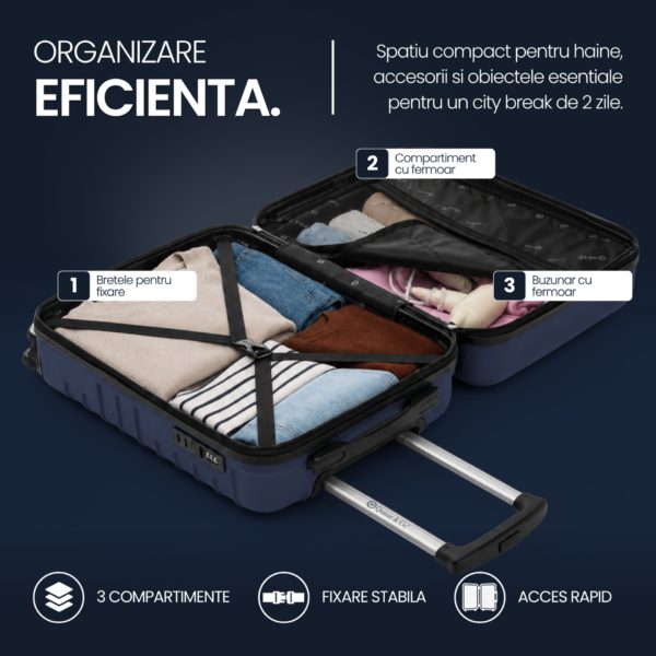 Troler cabina avion Quasar & Co.®, 40x30x20cm, bagaj de mana, troller cu fermoar sigur, cifru, maner telescopic lung, geamantan cu 4 roti duble, detasabile, 360°, valiza ABS 2.8 mm, rezistent, 2 compartimente cu buzunar, 10kg, LINE, bleumarin - imagine 8