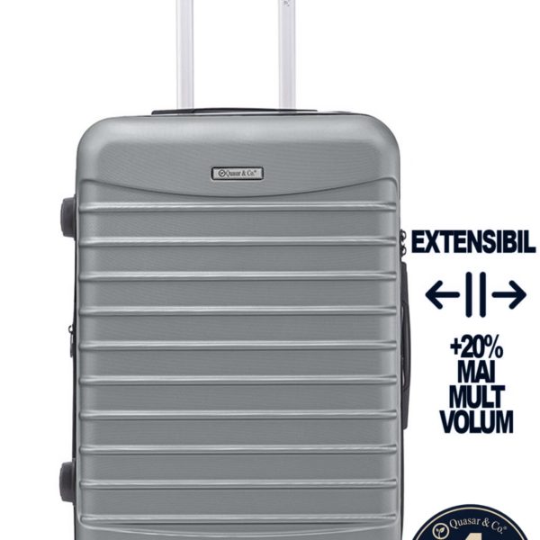 Troler mediu extensibil Quasar & Co.®, 66x45x28-33cm, bagaj de cala, troller avion cu fermoar antifurt, cifru, maner telescopic, geamantan cu 4 roti duble silentioase 360°, valiza ABS 2.8 mm, 2 compartimente cu buzunar, LINE, Argintiu