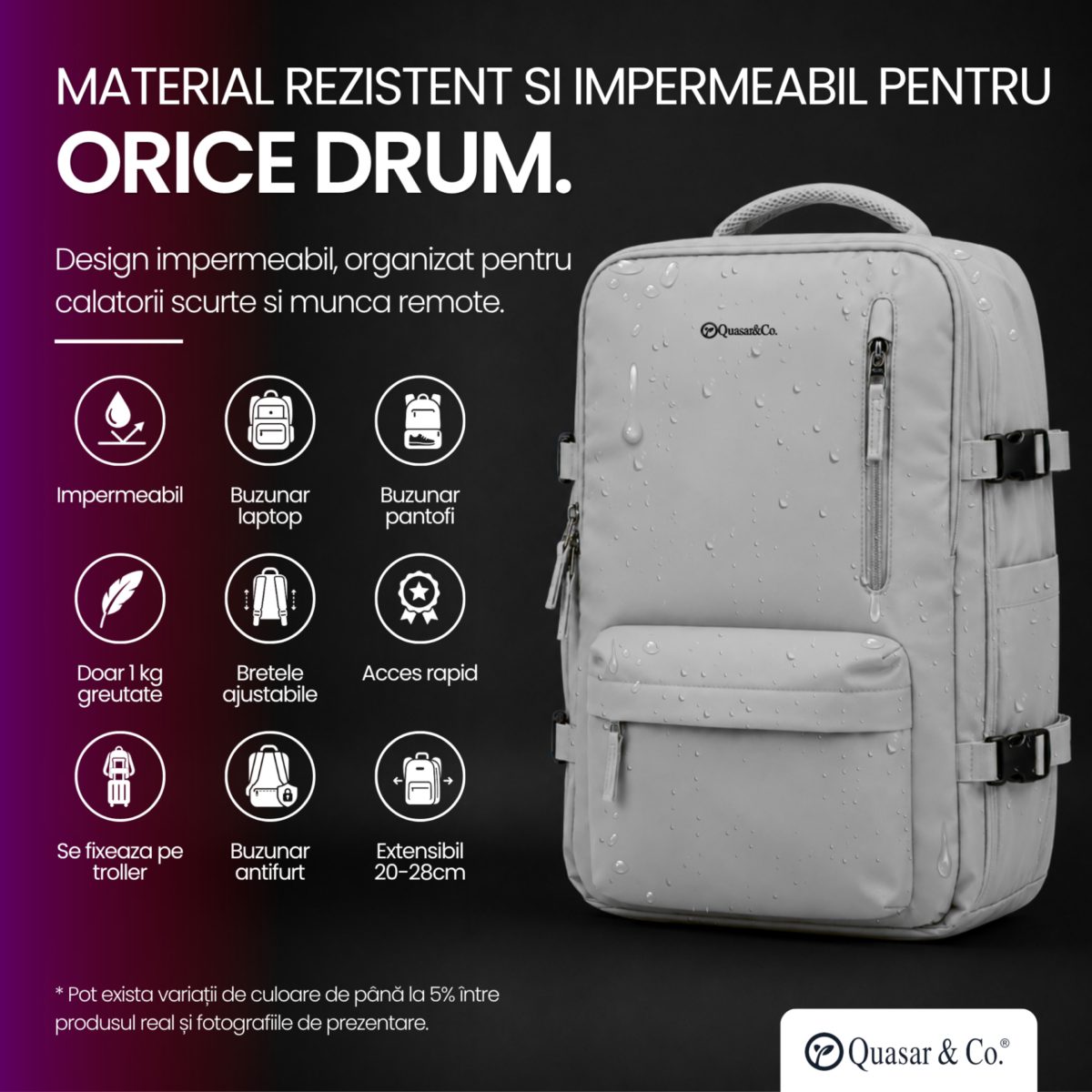 Rucsac bagaj de mana avion Quasar & Co.®, extensibil 43x30x20-28 cm, rucsac calatorie/voiaj multifunctional, impermeabil, compartiment pantofi, compartiment laptop, sistem agatare pe troler, pretabil drumetii/scoala, cu USB, textil, gri deschis 10 Rucsac bagaj de mana avion Quasar & Co.®, extensibil 43x30x20-28 cm, rucsac calatorie/voiaj multifunctional, impermeabil, compartiment pantofi, compartiment laptop, sistem agatare pe troler, pretabil drumetii/scoala, cu USB, textil, gri deschis 10
