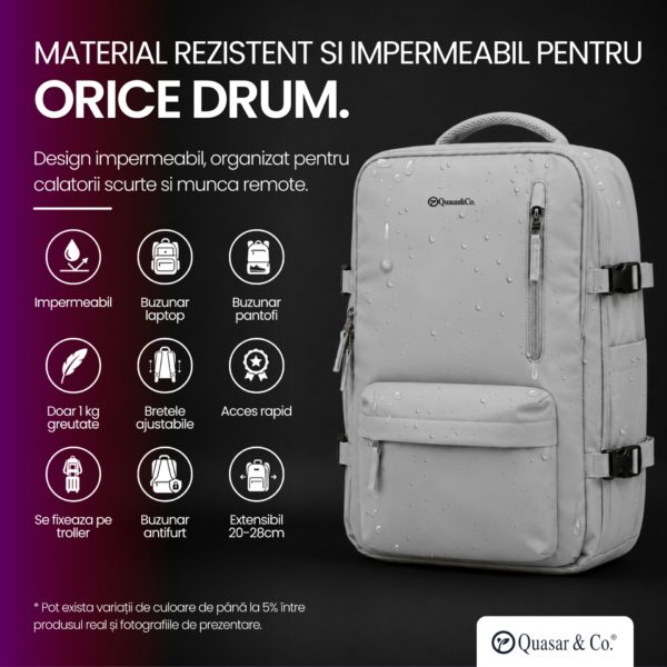 Rucsac bagaj de mana avion Quasar & Co.®, extensibil 43x30x20-28 cm, rucsac calatorie/voiaj multifunctional, impermeabil, compartiment pantofi, compartiment laptop, sistem agatare pe troler, pretabil drumetii/scoala, cu USB, textil, gri deschis - imagine 10