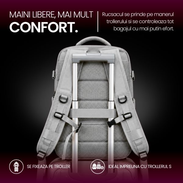 Rucsac bagaj de mana avion Quasar & Co.®, extensibil 43x30x20-28 cm, rucsac calatorie/voiaj multifunctional, impermeabil, compartiment pantofi, compartiment laptop, sistem agatare pe troler, pretabil drumetii/scoala, cu USB, textil, gri deschis - imagine 12
