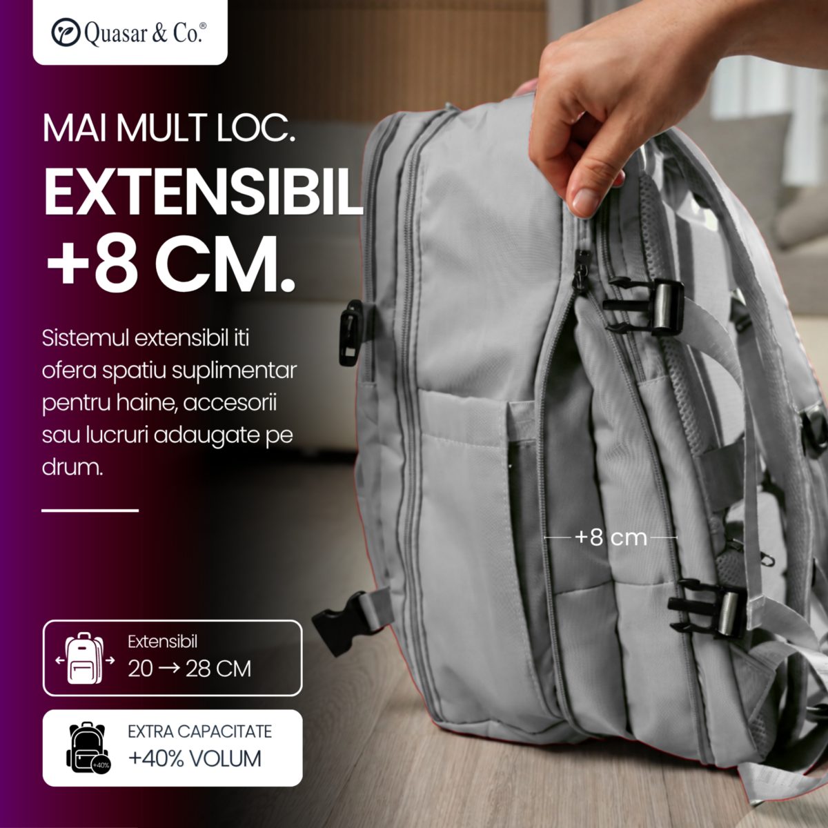 Rucsac bagaj de mana avion Quasar & Co.®, extensibil 43x30x20-28 cm, rucsac calatorie/voiaj multifunctional, impermeabil, compartiment pantofi, compartiment laptop, sistem agatare pe troler, pretabil drumetii/scoala, cu USB, textil, gri deschis 3 Rucsac bagaj de mana avion Quasar & Co.®, extensibil 43x30x20-28 cm, rucsac calatorie/voiaj multifunctional, impermeabil, compartiment pantofi, compartiment laptop, sistem agatare pe troler, pretabil drumetii/scoala, cu USB, textil, gri deschis 3