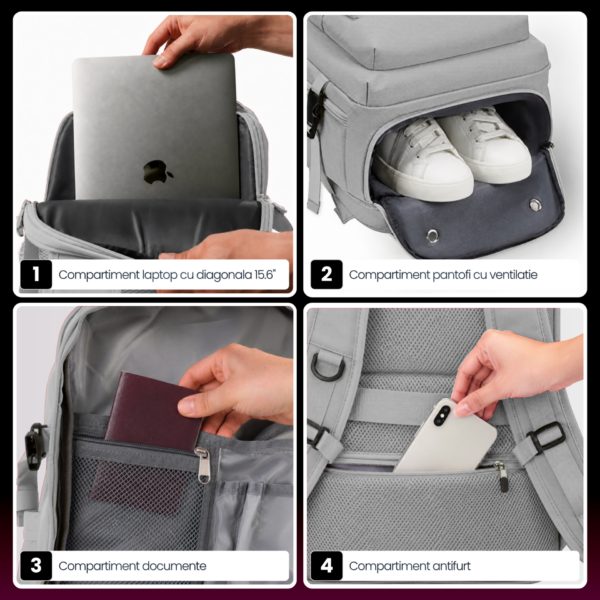 Rucsac bagaj de mana avion Quasar & Co.®, extensibil 43x30x20-28 cm, rucsac calatorie/voiaj multifunctional, impermeabil, compartiment pantofi, compartiment laptop, sistem agatare pe troler, pretabil drumetii/scoala, cu USB, textil, gri deschis - imagine 6