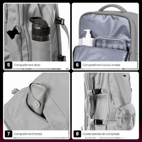 Rucsac bagaj de mana avion Quasar & Co.®, extensibil 43x30x20-28 cm, rucsac calatorie/voiaj multifunctional, impermeabil, compartiment pantofi, compartiment laptop, sistem agatare pe troler, pretabil drumetii/scoala, cu USB, textil, gri deschis - imagine 7