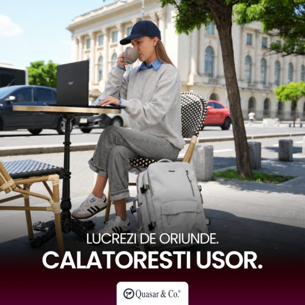Rucsac bagaj de mana avion Quasar & Co.®, extensibil 43x30x20-28 cm, rucsac calatorie/voiaj multifunctional, impermeabil, compartiment pantofi, compartiment laptop, sistem agatare pe troler, pretabil drumetii/scoala, cu USB, textil, gri deschis - imagine 9