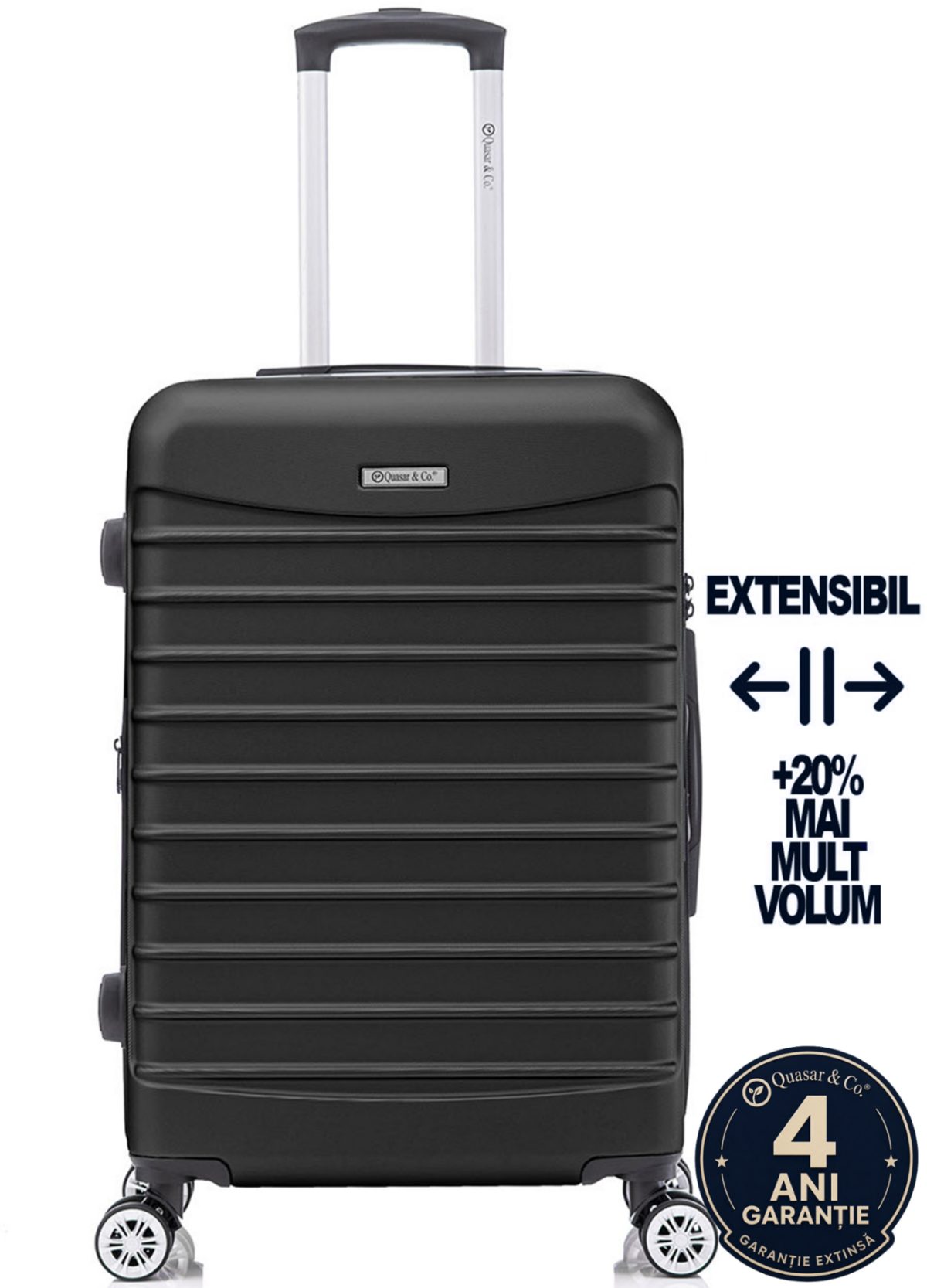 Troler mediu extensibil Quasar & Co.®, 66x45x28-33cm, bagaj de cala, troller avion cu fermoar antifurt, cifru, maner telescopic, geamantan cu 4 roti duble silentioase 360°, valiza ABS 2.8 mm, 2 compartimente cu buzunar, LINE, Negru
