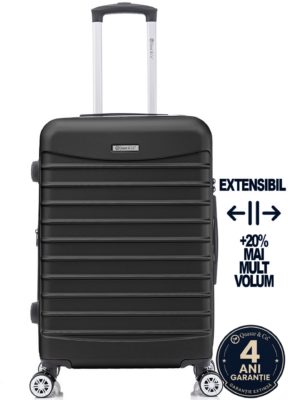Troler mediu extensibil Quasar & Co.®, 66x45x28-33cm, bagaj de cala, troller avion cu fermoar antifurt, cifru, maner telescopic, geamantan cu 4 roti duble silentioase 360°, valiza ABS 2.8 mm, 2 compartimente cu buzunar, LINE, Negru 14