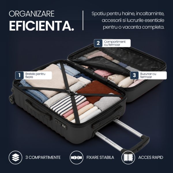 Troler mediu extensibil Quasar & Co.®, 66x45x28-33cm, bagaj de cala, troller avion cu fermoar antifurt, cifru, maner telescopic, geamantan cu 4 roti duble silentioase 360°, valiza ABS 2.8 mm, 2 compartimente cu buzunar, LINE, Negru - imagine 10
