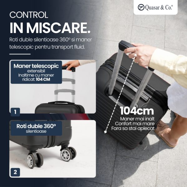 Troler mediu extensibil Quasar & Co.®, 66x45x28-33cm, bagaj de cala, troller avion cu fermoar antifurt, cifru, maner telescopic, geamantan cu 4 roti duble silentioase 360°, valiza ABS 2.8 mm, 2 compartimente cu buzunar, LINE, Negru - imagine 11