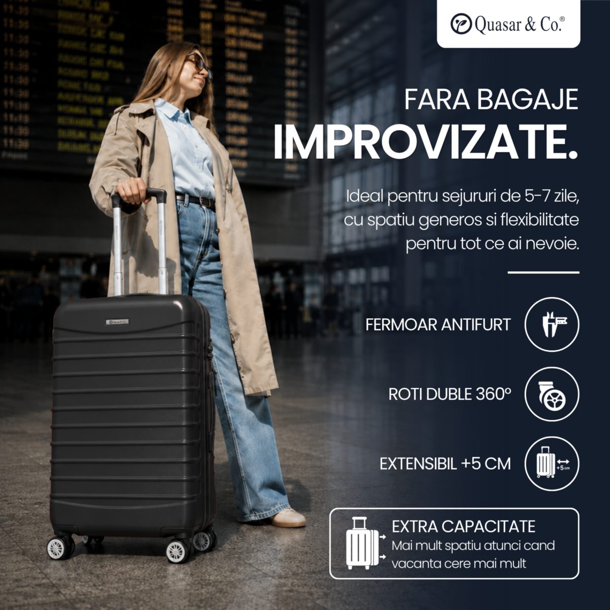 Troler mediu extensibil Quasar & Co.®, 66x45x28-33cm, bagaj de cala, troller avion cu fermoar antifurt, cifru, maner telescopic, geamantan cu 4 roti duble silentioase 360°, valiza ABS 2.8 mm, 2 compartimente cu buzunar, LINE, Negru 12