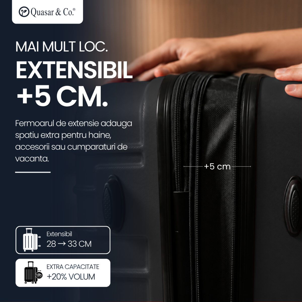 Troler mediu extensibil Quasar & Co.®, 66x45x28-33cm, bagaj de cala, troller avion cu fermoar antifurt, cifru, maner telescopic, geamantan cu 4 roti duble silentioase 360°, valiza ABS 2.8 mm, 2 compartimente cu buzunar, LINE, Negru 3