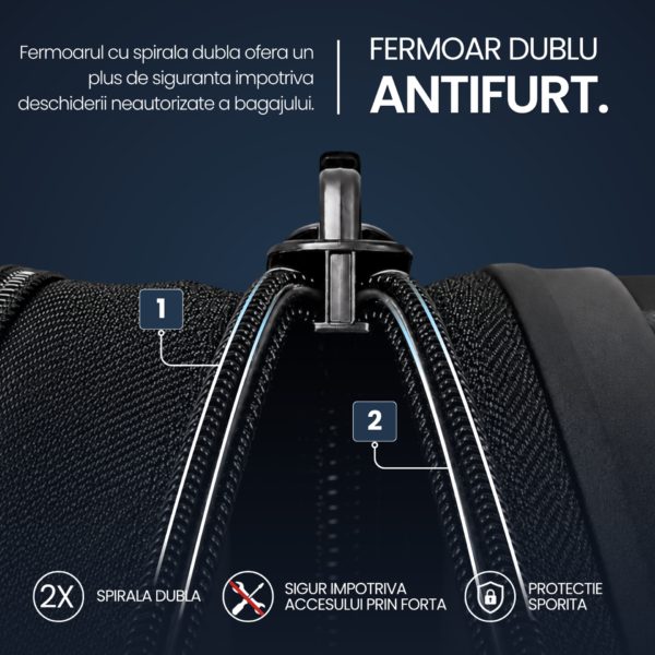 Troler mediu extensibil Quasar & Co.®, 66x45x28-33cm, bagaj de cala, troller avion cu fermoar antifurt, cifru, maner telescopic, geamantan cu 4 roti duble silentioase 360°, valiza ABS 2.8 mm, 2 compartimente cu buzunar, LINE, Negru - imagine 4