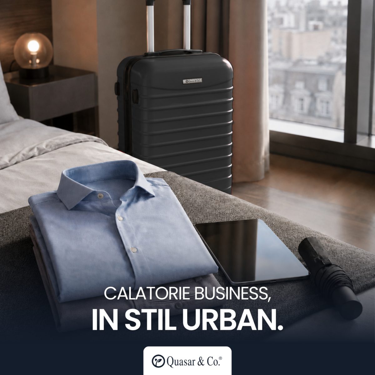 Troler mediu extensibil Quasar & Co.®, 66x45x28-33cm, bagaj de cala, troller avion cu fermoar antifurt, cifru, maner telescopic, geamantan cu 4 roti duble silentioase 360°, valiza ABS 2.8 mm, 2 compartimente cu buzunar, LINE, Negru 5