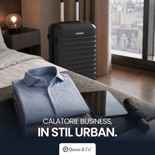 Troler mediu extensibil Quasar & Co.®, 66x45x28-33cm, bagaj de cala, troller avion cu fermoar antifurt, cifru, maner telescopic, geamantan cu 4 roti duble silentioase 360°, valiza ABS 2.8 mm, 2 compartimente cu buzunar, LINE, Negru - imagine 5