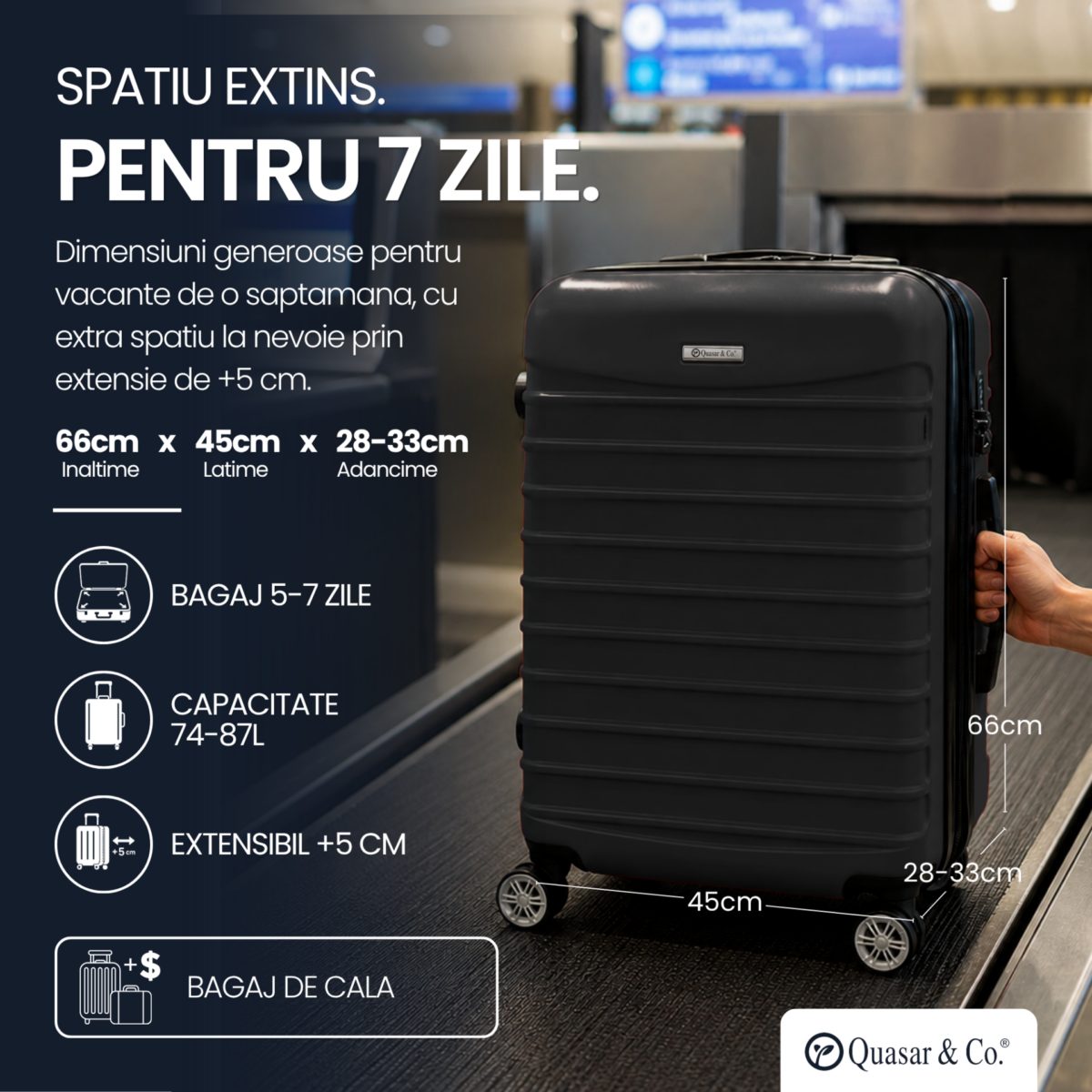 Troler mediu extensibil Quasar & Co.®, 66x45x28-33cm, bagaj de cala, troller avion cu fermoar antifurt, cifru, maner telescopic, geamantan cu 4 roti duble silentioase 360°, valiza ABS 2.8 mm, 2 compartimente cu buzunar, LINE, Negru 6