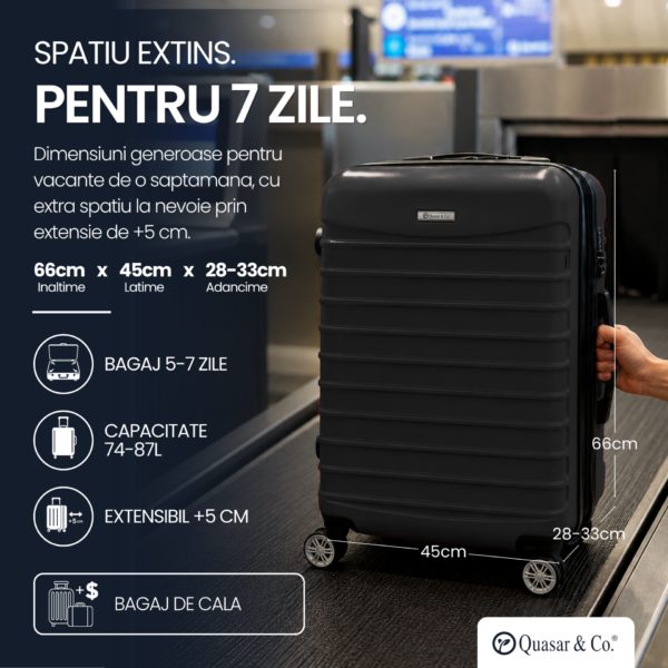 Troler mediu extensibil Quasar & Co.®, 66x45x28-33cm, bagaj de cala, troller avion cu fermoar antifurt, cifru, maner telescopic, geamantan cu 4 roti duble silentioase 360°, valiza ABS 2.8 mm, 2 compartimente cu buzunar, LINE, Negru - imagine 6