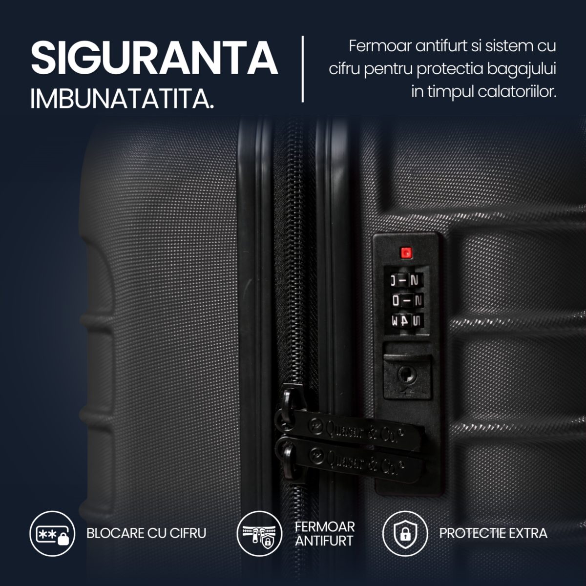 Troler mediu extensibil Quasar & Co.®, 66x45x28-33cm, bagaj de cala, troller avion cu fermoar antifurt, cifru, maner telescopic, geamantan cu 4 roti duble silentioase 360°, valiza ABS 2.8 mm, 2 compartimente cu buzunar, LINE, Negru 7
