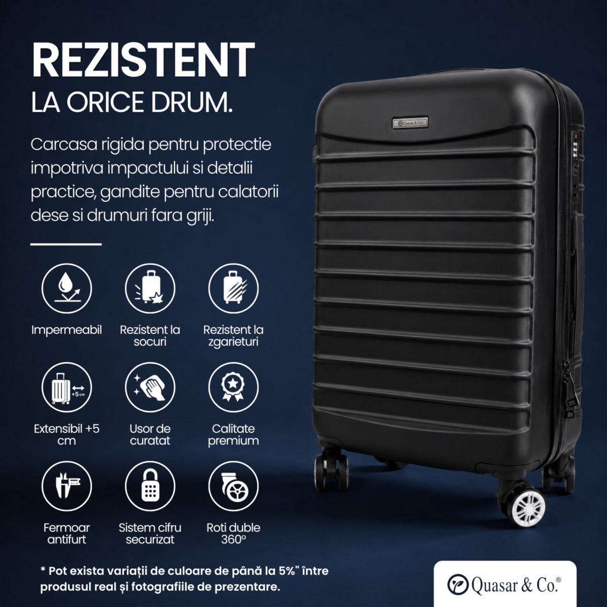 Troler mediu extensibil Quasar & Co.®, 66x45x28-33cm, bagaj de cala, troller avion cu fermoar antifurt, cifru, maner telescopic, geamantan cu 4 roti duble silentioase 360°, valiza ABS 2.8 mm, 2 compartimente cu buzunar, LINE, Negru 9