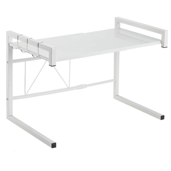 Raft cuptor microunde, Quasar & Co.®, suport bucatarie, rafturi ajustabile pe lungime de la 44 la 64 cm, etajera cu cadru metalic si 3 carlige, model Teta, 44-64 x 36 x 42 cm, alb - imagine 2