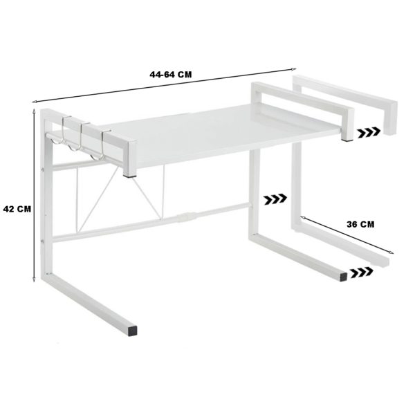 Raft cuptor microunde, Quasar & Co.®, suport bucatarie, rafturi ajustabile pe lungime de la 44 la 64 cm, etajera cu cadru metalic si 3 carlige, model Teta, 44-64 x 36 x 42 cm, alb - imagine 3