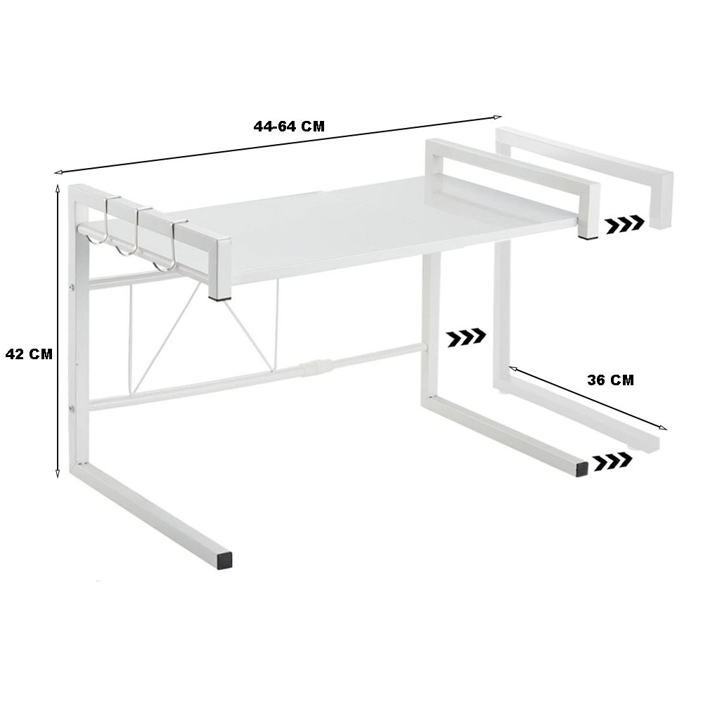 Raft cuptor microunde, Quasar & Co.®, suport bucatarie, rafturi ajustabile pe lungime de la 44 la 64 cm, etajera cu cadru metalic si 3 carlige, model Teta, 44-64 x 36 x 42 cm, alb 3