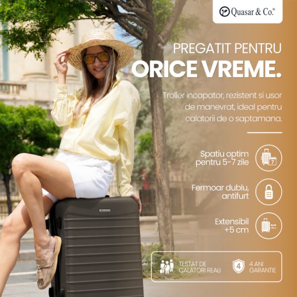 Troler mediu extensibil Quasar & Co.®, 66x45x28-33cm, bagaj de cala, troller avion cu fermoar antifurt, cifru, maner telescopic, geamantan cu 4 roti duble silentioase 360°, valiza ABS 2.8 mm, 2 compartimente cu buzunar, LINE, Dark Coffee