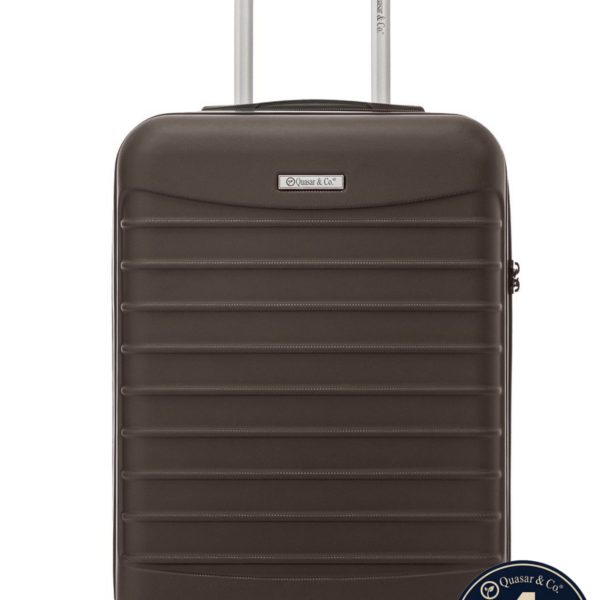 Troler cabina avion Quasar & Co.®, 55x38x21cm, bagaj de mana, troller cu fermoar antifurt, cifru, maner telescopic lung, geamantan cu 4 roti duble silentioase 360°, valiza ABS 2.8 mm, rezistent, 2 compartimente cu buzunar, 10kg, LINE, Dark Coffee