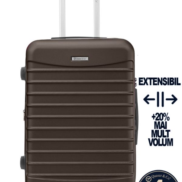 Troler mediu extensibil Quasar & Co.®, 66x45x28-33cm, bagaj de cala, troller avion cu fermoar antifurt, cifru, maner telescopic, geamantan cu 4 roti duble silentioase 360°, valiza ABS 2.8 mm, 2 compartimente cu buzunar, LINE, Dark Coffee