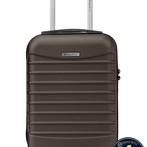 Troler cabina avion Quasar & Co.®, 40x30x20cm, bagaj de mana, troller cu fermoar sigur, cifru, maner telescopic lung, geamantan cu 4 roti duble detasabile, 360°, valiza ABS 2.8 mm, rezistent, 2 compartimente cu buzunar, 10kg, LINE, Dark Coffee