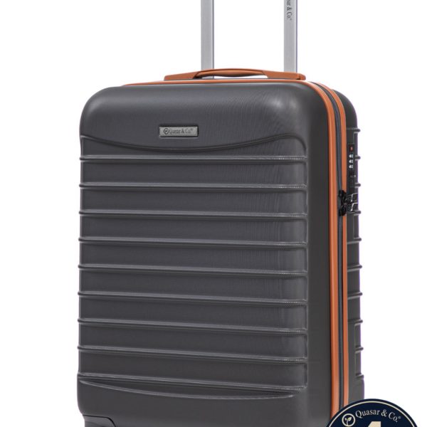 Troler cabina avion Quasar & Co.®, 55x38x21cm, bagaj de mana, troller cu fermoar antifurt, cifru, maner telescopic lung, geamantan cu 4 roti duble silentioase 360°, valiza ABS 2.8 mm, rezistent, 2 compartimente cu buzunar, 10kg, LINE, gri/maro