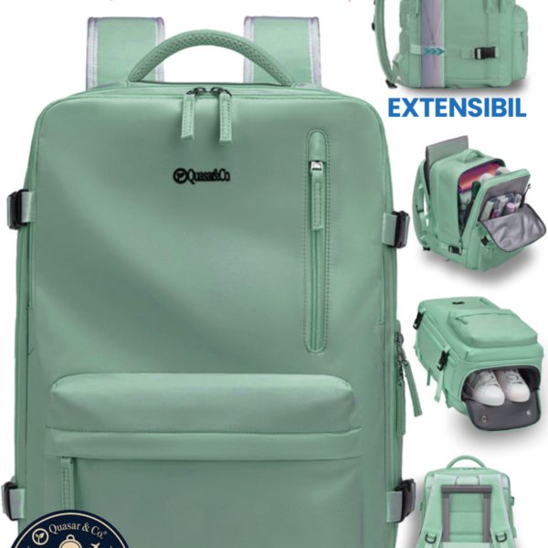 Rucsac bagaj de mana avion Quasar & Co.®, extensibil 43x30x20-28 cm, rucsac calatorie/voiaj multifunctional, impermeabil, compartiment pantofi, compartiment laptop, sistem agatare pe troler, pretabil drumetii/scoala, cu USB, textil, turcoaz deschis