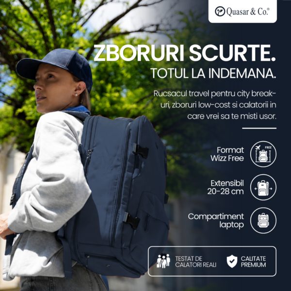 Rucsac bagaj de mana avion Quasar & Co.®, extensibil 43x30x20-28 cm, rucsac calatorie/voiaj multifunctional, impermeabil, compartiment pantofi, compartiment laptop, sistem agatare pe troler, pretabil drumetii/scoala, cu USB, textil, bleumarin