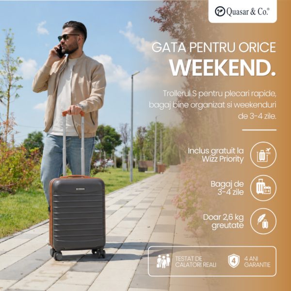 Troler cabina avion Quasar & Co.®, 55x38x21cm, bagaj de mana, troller cu fermoar antifurt, cifru, maner telescopic lung, geamantan cu 4 roti duble silentioase 360°, valiza ABS 2.8 mm, rezistent, 2 compartimente cu buzunar, 10kg, LINE, gri/maro
