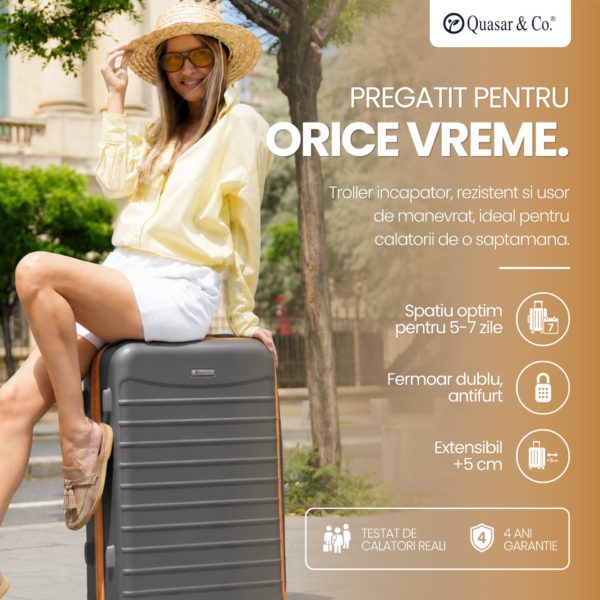Troler mediu extensibil Quasar & Co.®, 66x45x28-33cm, bagaj de cala, troller avion cu fermoar antifurt, cifru, maner telescopic, geamantan cu 4 roti duble silentioase 360°, valiza ABS 2.8 mm, 2 compartimente cu buzunar, LINE, gri/maro