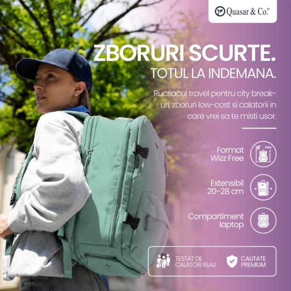 Rucsac bagaj de mana avion Quasar & Co.®, extensibil 43x30x20-28 cm, rucsac calatorie/voiaj multifunctional, impermeabil, compartiment pantofi, compartiment laptop, sistem agatare pe troler, pretabil drumetii/scoala, cu USB, textil, turcoaz deschis