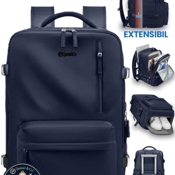 Rucsac bagaj de mana avion Quasar & Co.®, extensibil 43x30x20-28 cm, rucsac calatorie/voiaj multifunctional, impermeabil, compartiment pantofi, compartiment laptop, sistem agatare pe troler, pretabil drumetii/scoala, cu USB, textil, bleumarin