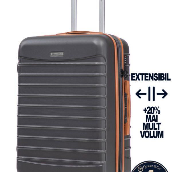 Troler mediu extensibil Quasar & Co.®, 66x45x28-33cm, bagaj de cala, troller avion cu fermoar antifurt, cifru, maner telescopic, geamantan cu 4 roti duble silentioase 360°, valiza ABS 2.8 mm, 2 compartimente cu buzunar, LINE, gri/maro