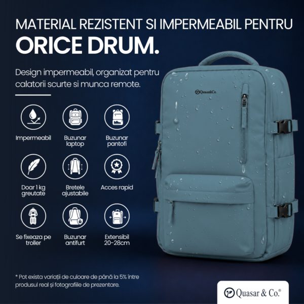 Rucsac bagaj de mana avion Quasar & Co.®, extensibil 43x30x20-28 cm, rucsac calatorie/voiaj multifunctional, impermeabil, compartiment pantofi, compartiment laptop, sistem agatare pe troler, pretabil drumetii/scoala, cu USB, textil, ATLAS, verde inchis - imagine 10